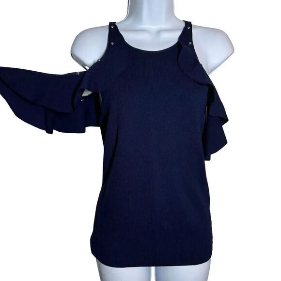 Jonathan Simkhai navy cold  shoulde studded knit  top size Small - Picture 2 of 10